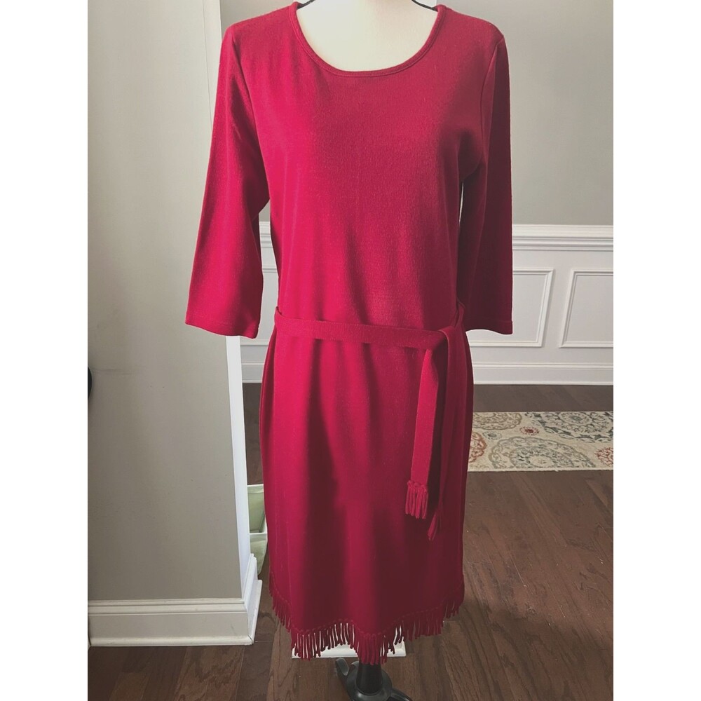 Nina Leonard 3/4 Length Sleeve Red Dress w/Fringed Hem Sz L
